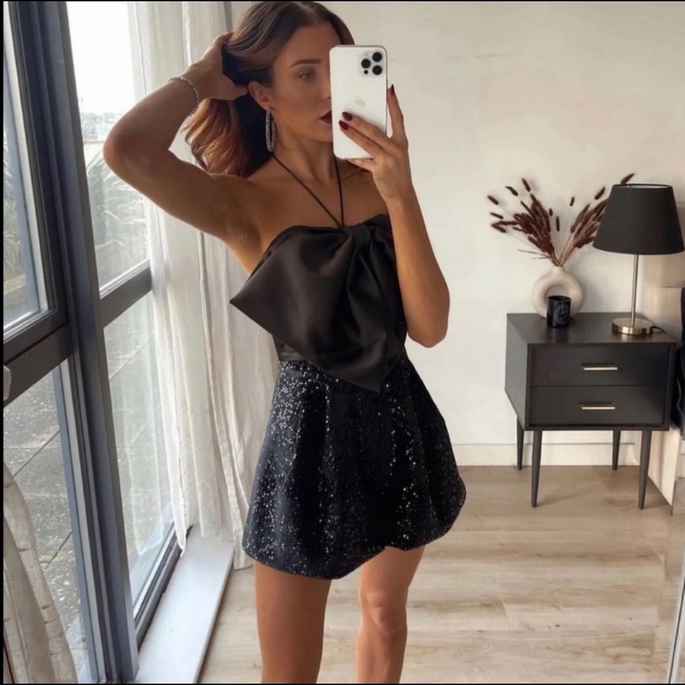 Black bow trim sequin short jumpsuit, romper. - Picture 5 of 13